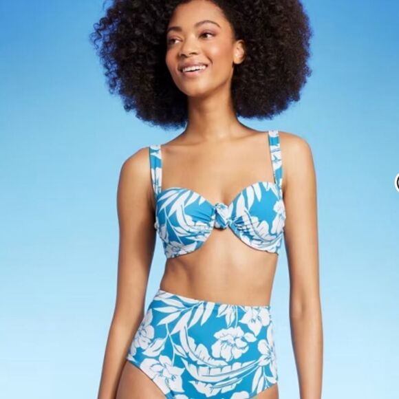 NWT Shade & Shore 34DD Push-Up Knot Detail Blue Floral Bikini Top Tropical - Picture 3 of 7